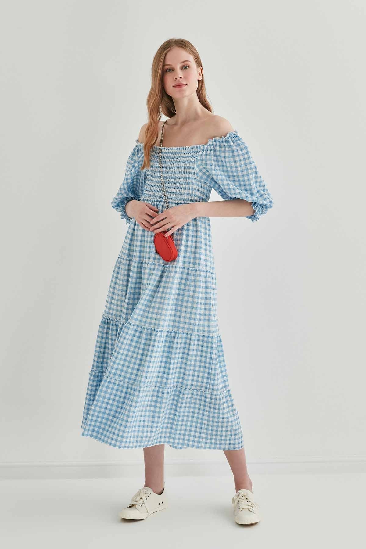 CHECKERED COILED LONG COUNTRY DRESS