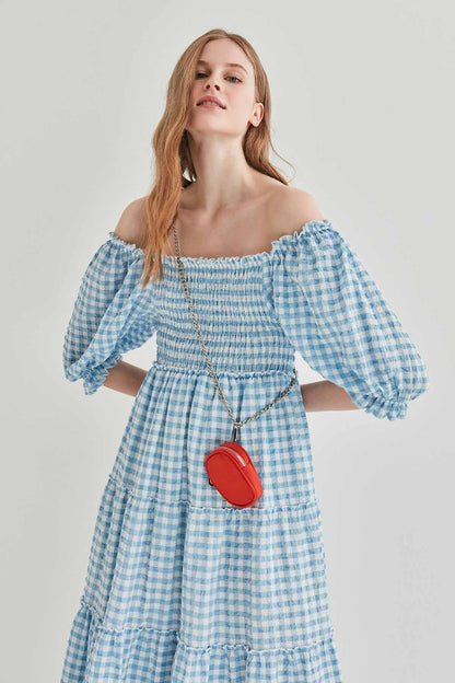 CHECKERED COILED LONG COUNTRY DRESS