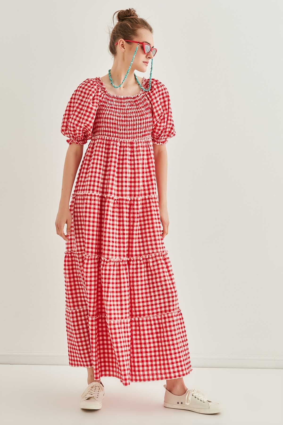 CHECKERED COILED LONG COUNTRY DRESS