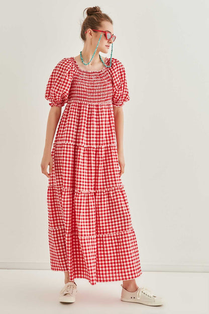 CHECKERED COILED LONG COUNTRY DRESS