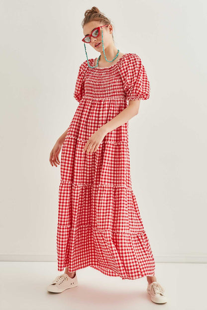 CHECKERED COILED LONG COUNTRY DRESS