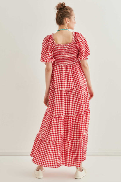 CHECKERED COILED LONG COUNTRY DRESS