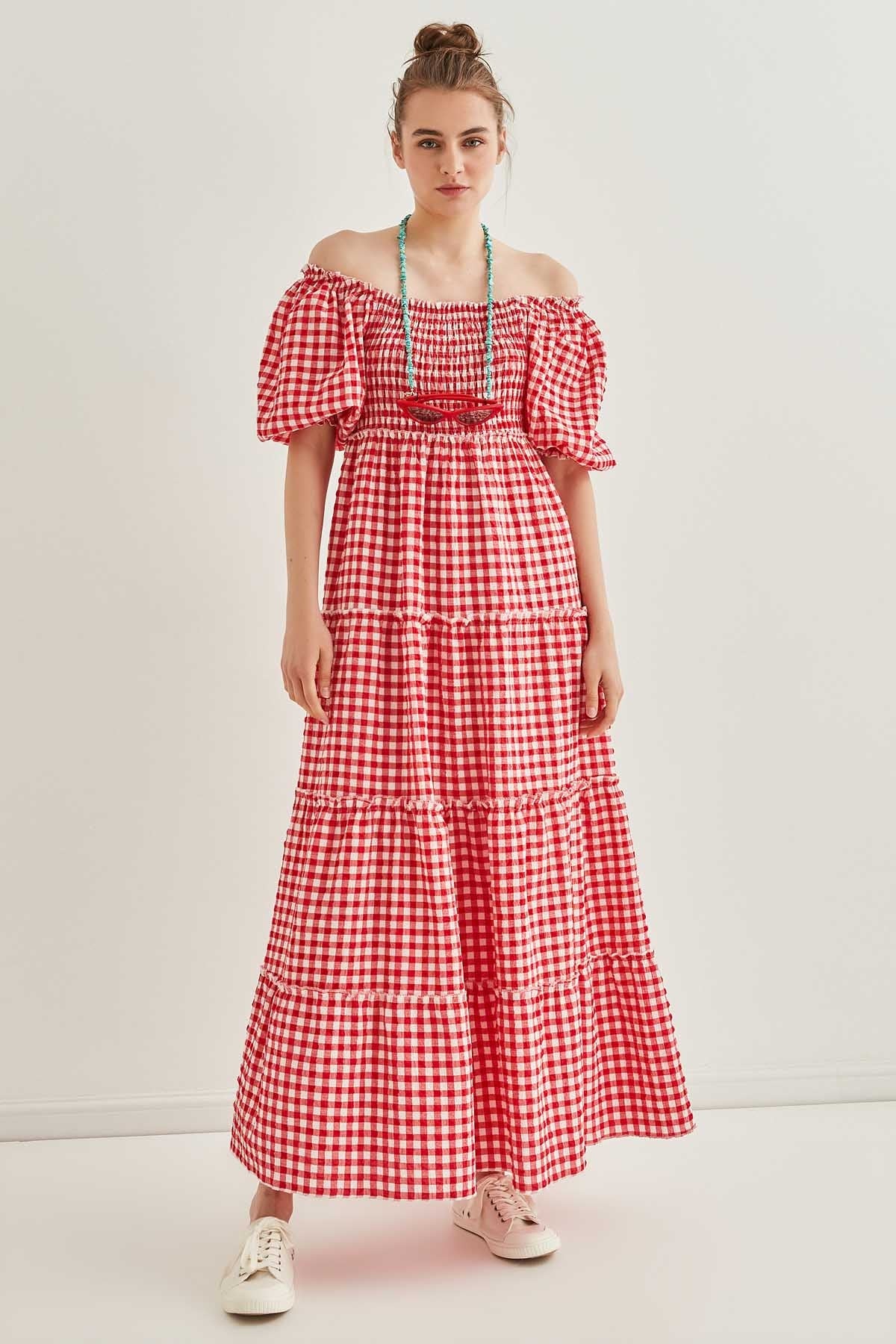 CHECKERED COILED LONG COUNTRY DRESS