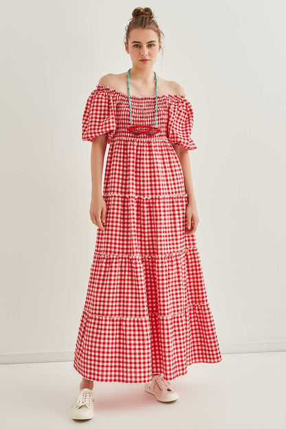 CHECKERED COILED LONG COUNTRY DRESS