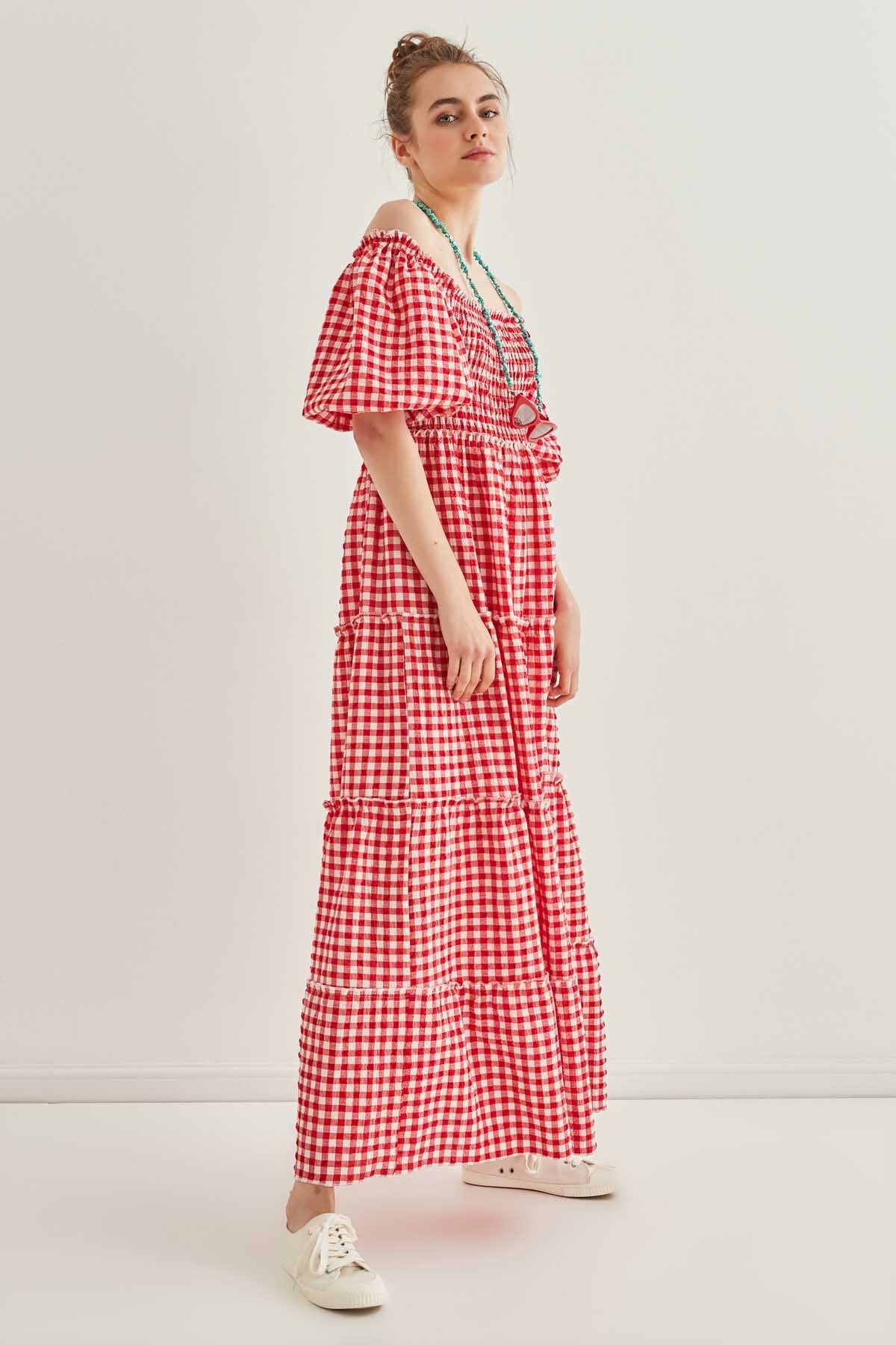 CHECKERED COILED LONG COUNTRY DRESS