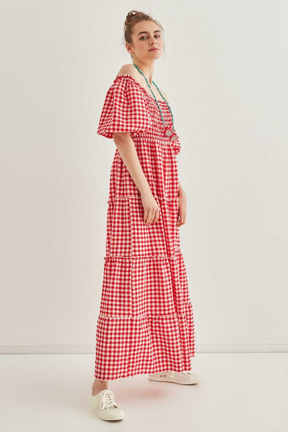 CHECKERED COILED LONG COUNTRY DRESS