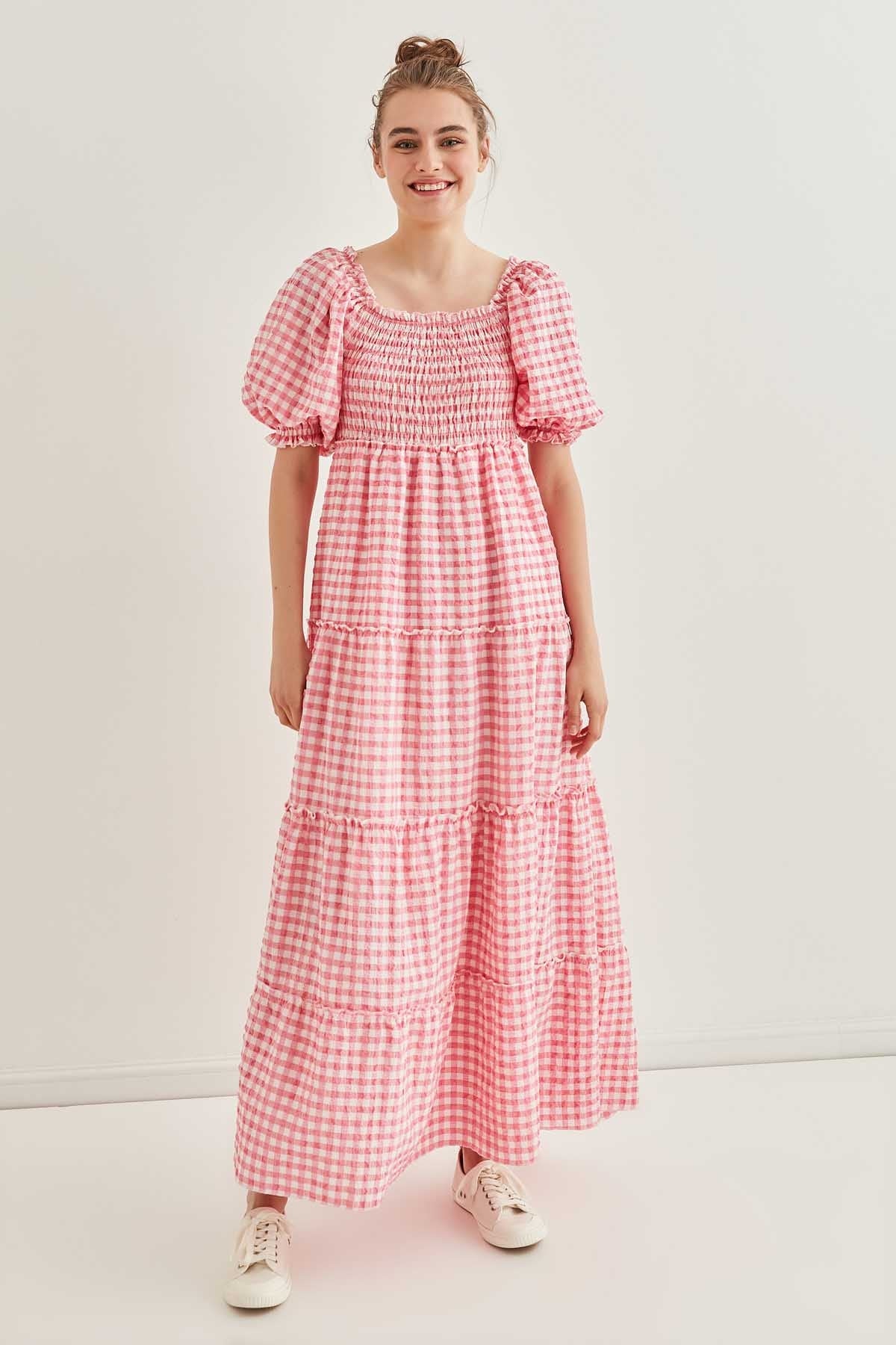 CHECKERED COILED LONG COUNTRY DRESS