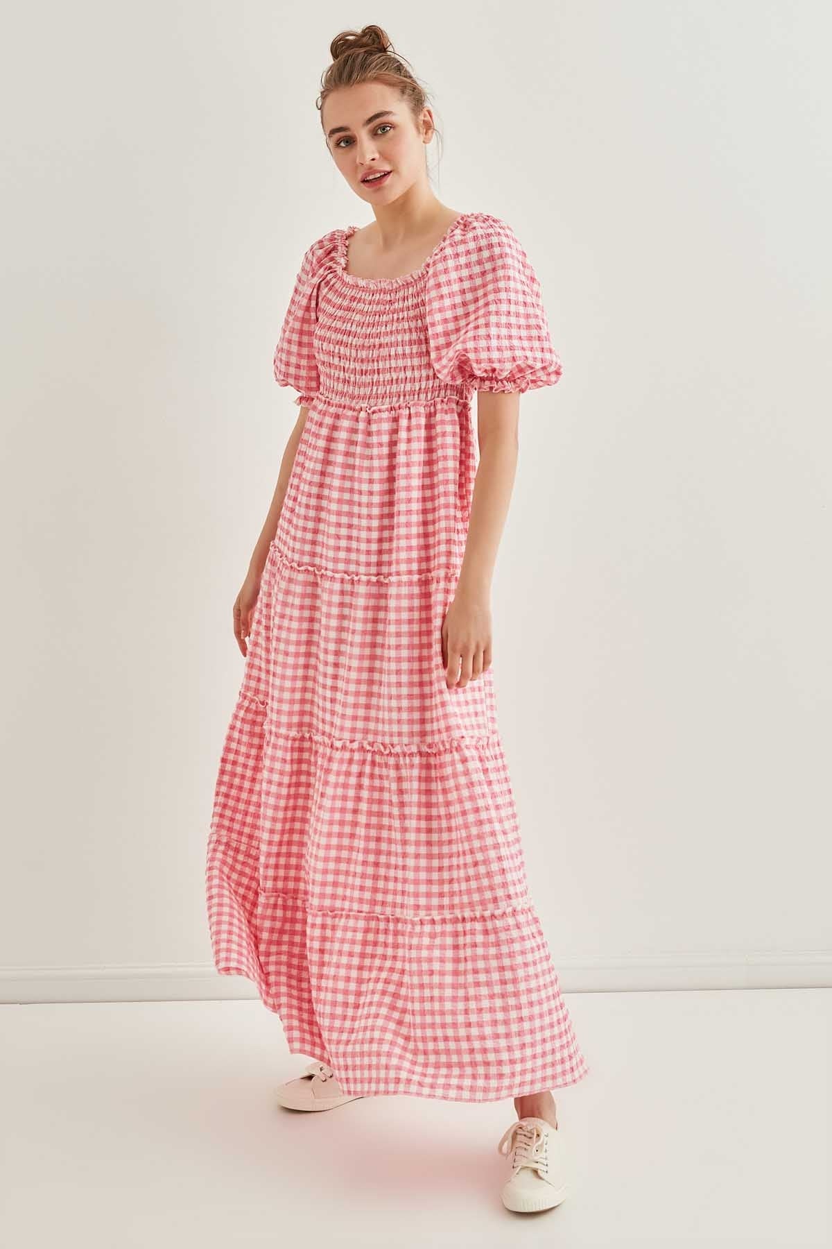 CHECKERED COILED LONG COUNTRY DRESS