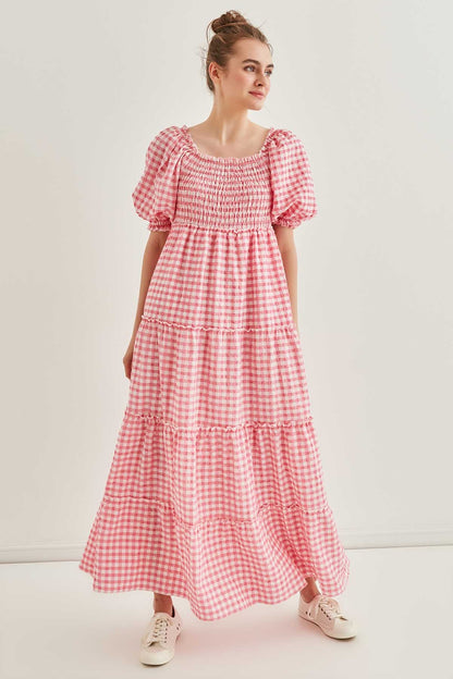 CHECKERED COILED LONG COUNTRY DRESS