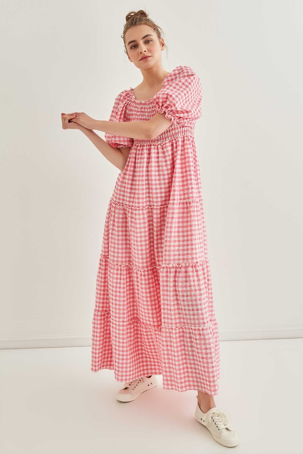 CHECKERED COILED LONG COUNTRY DRESS