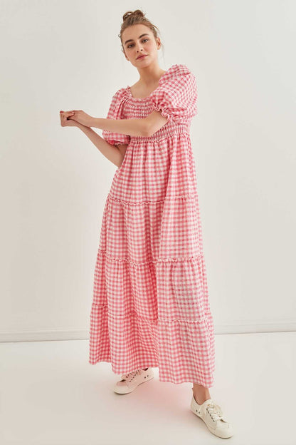 CHECKERED COILED LONG COUNTRY DRESS
