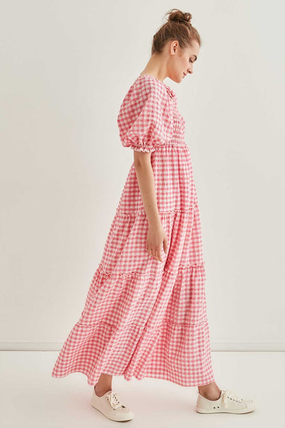 CHECKERED COILED LONG COUNTRY DRESS