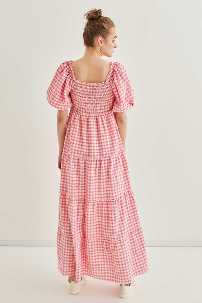 CHECKERED COILED LONG COUNTRY DRESS