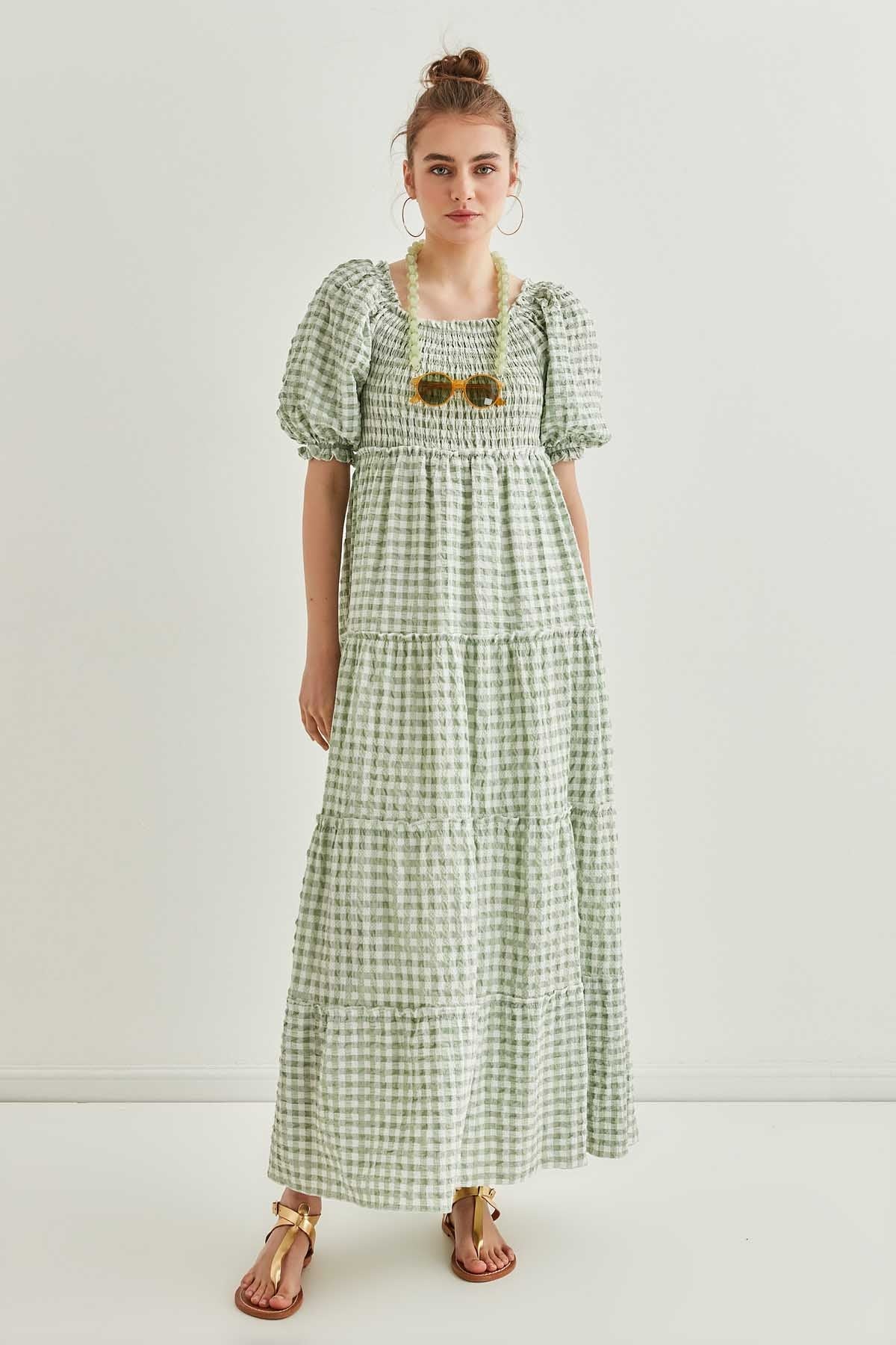 CHECKERED COILED LONG COUNTRY DRESS