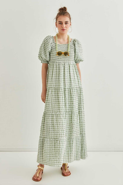 CHECKERED COILED LONG COUNTRY DRESS