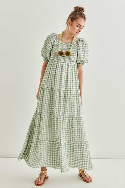 CHECKERED COILED LONG COUNTRY DRESS