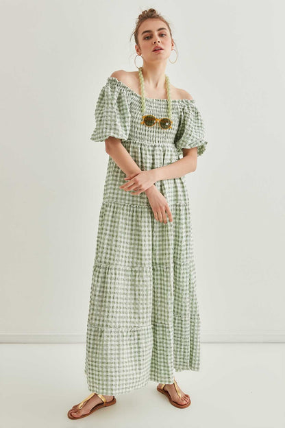 CHECKERED COILED LONG COUNTRY DRESS