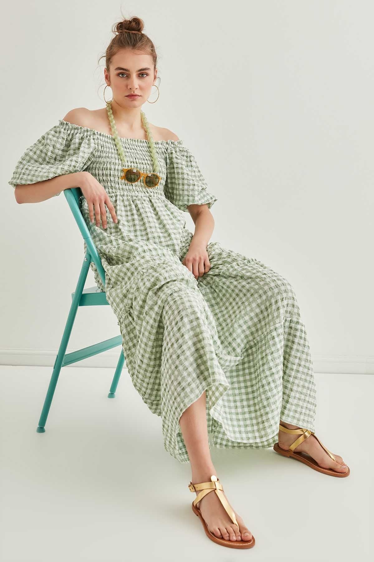 CHECKERED COILED LONG COUNTRY DRESS