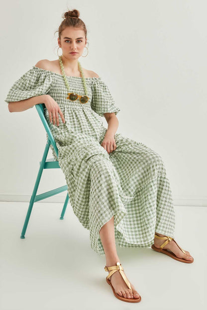 CHECKERED COILED LONG COUNTRY DRESS
