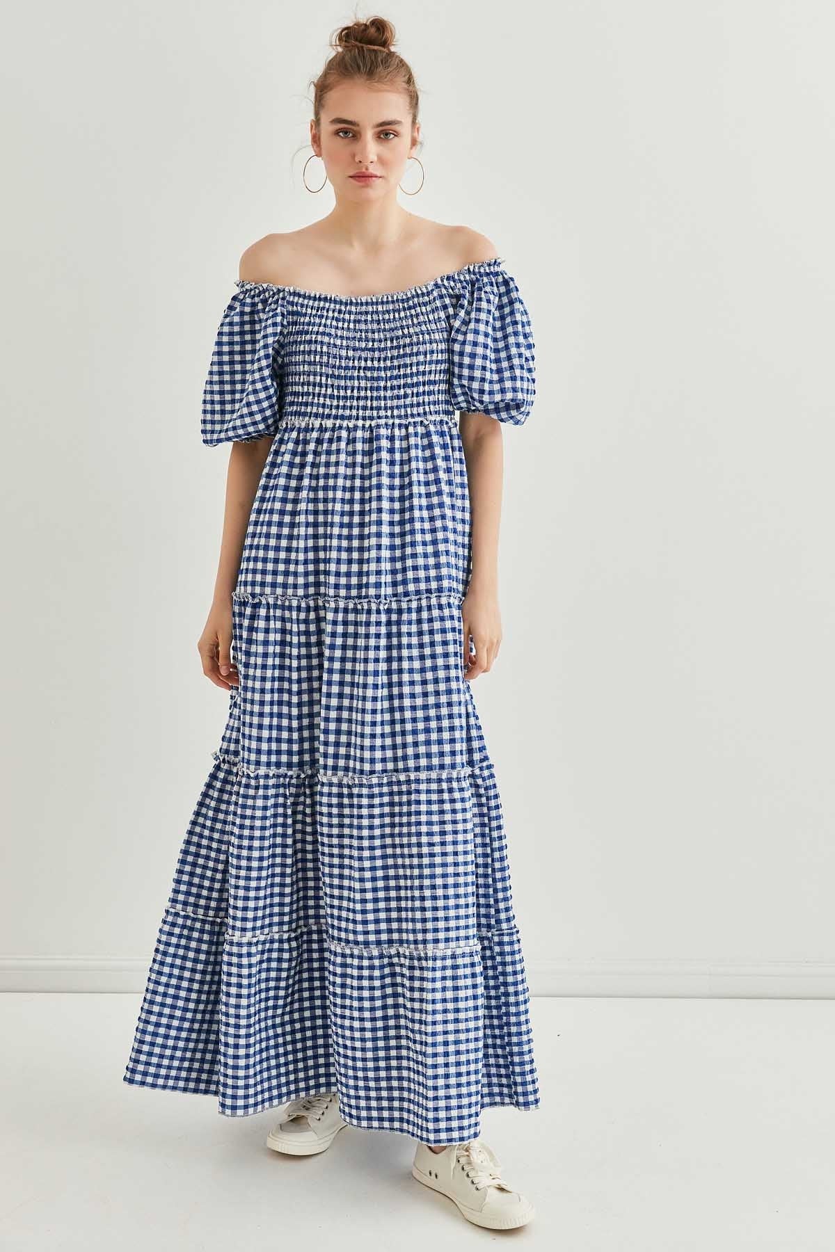 CHECKERED COILED LONG COUNTRY DRESS