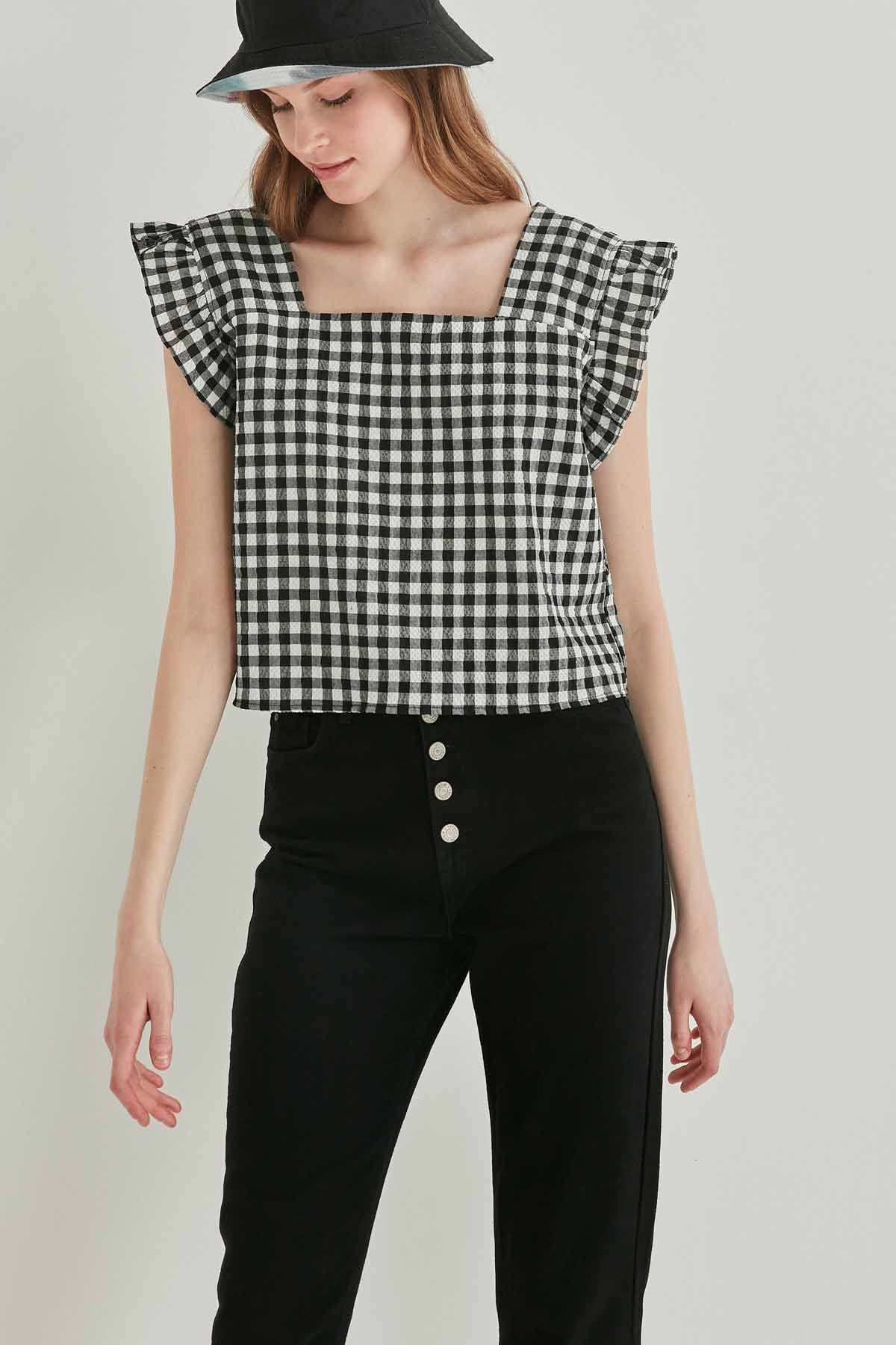 CHECKERED SQUARE COLLAR CROP BLOUSE