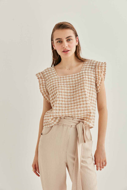 CHECKERED SQUARE COLLAR CROP BLOUSE