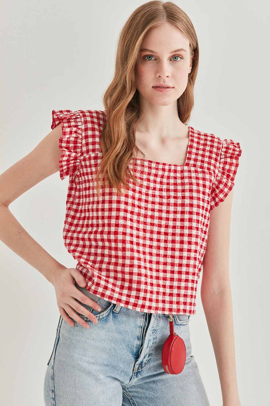 CHECKERED SQUARE COLLAR CROP BLOUSE