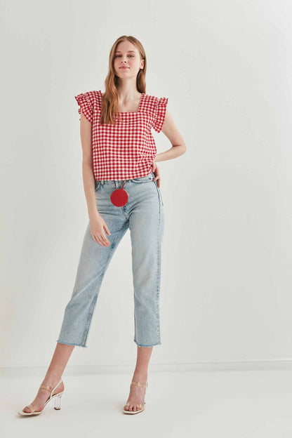 CHECKERED SQUARE COLLAR CROP BLOUSE