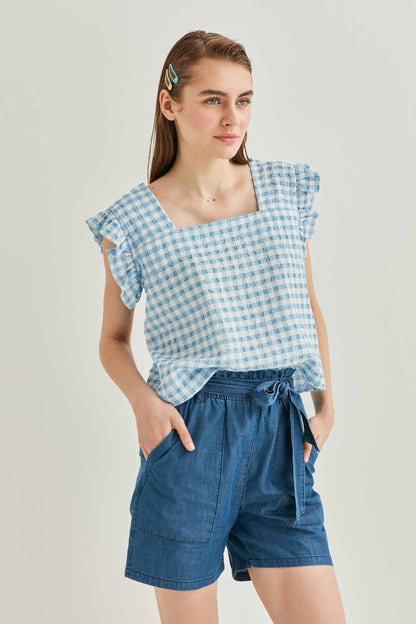 CHECKERED SQUARE COLLAR CROP BLOUSE