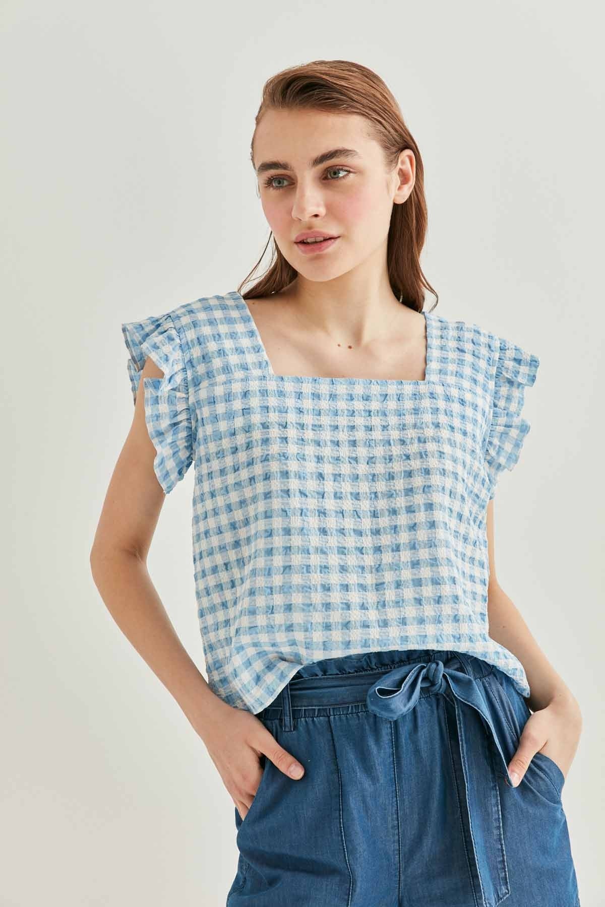 CHECKERED SQUARE COLLAR CROP BLOUSE
