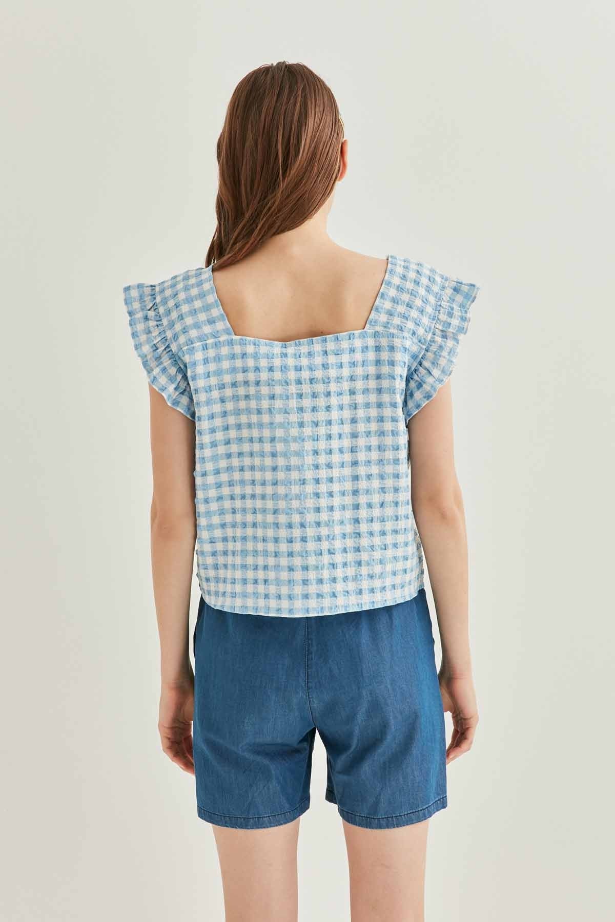CHECKERED SQUARE COLLAR CROP BLOUSE