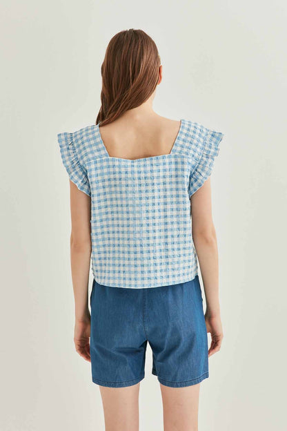 CHECKERED SQUARE COLLAR CROP BLOUSE