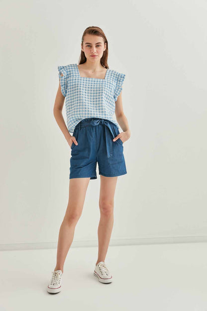 CHECKERED SQUARE COLLAR CROP BLOUSE