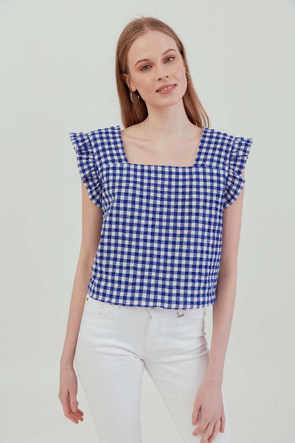 CHECKERED SQUARE COLLAR CROP BLOUSE