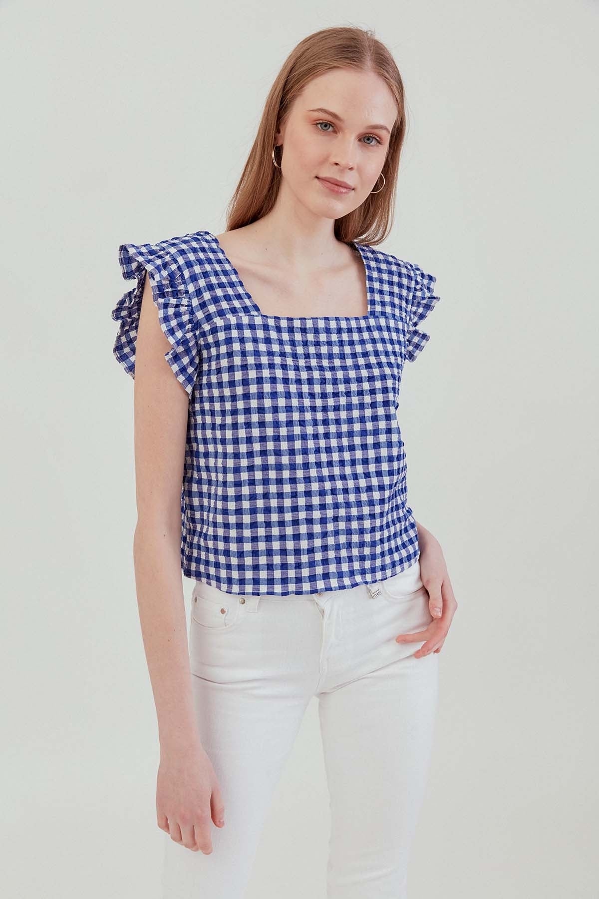 CHECKERED SQUARE COLLAR CROP BLOUSE