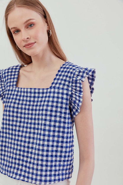 CHECKERED SQUARE COLLAR CROP BLOUSE