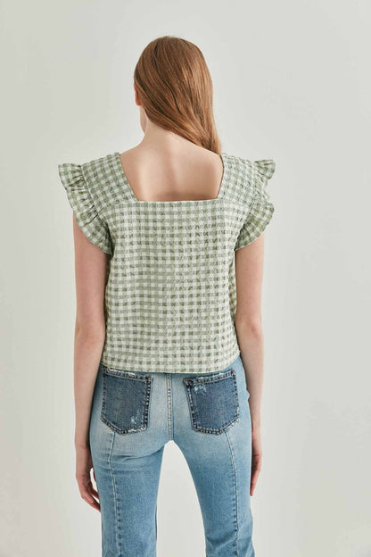 CHECKERED SQUARE COLLAR CROP BLOUSE