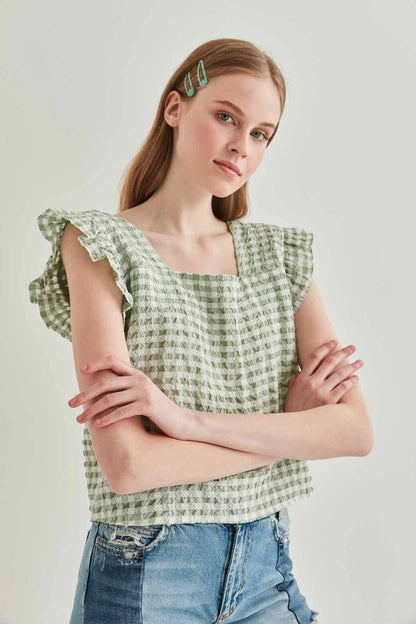 CHECKERED SQUARE COLLAR CROP BLOUSE