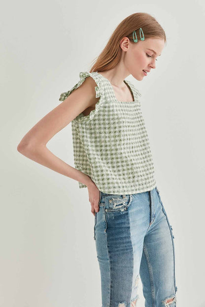CHECKERED SQUARE COLLAR CROP BLOUSE