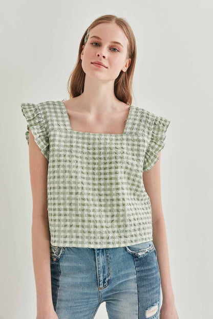 CHECKERED SQUARE COLLAR CROP BLOUSE
