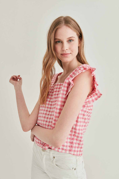 CHECKERED SQUARE COLLAR CROP BLOUSE