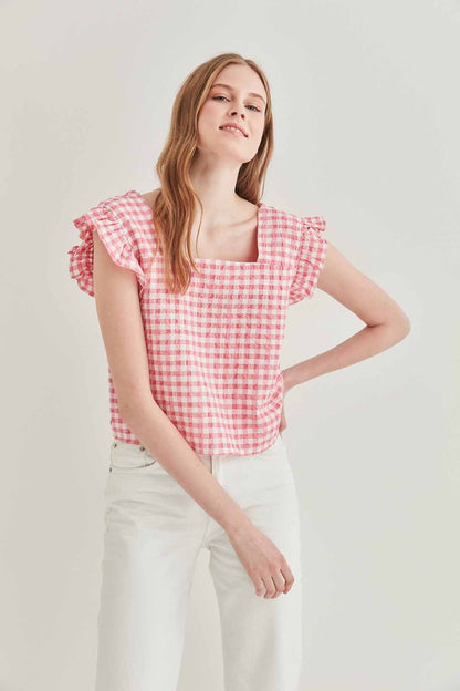 CHECKERED SQUARE COLLAR CROP BLOUSE