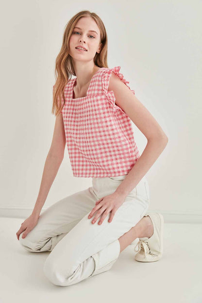CHECKERED SQUARE COLLAR CROP BLOUSE