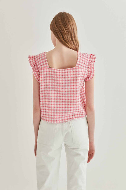CHECKERED SQUARE COLLAR CROP BLOUSE