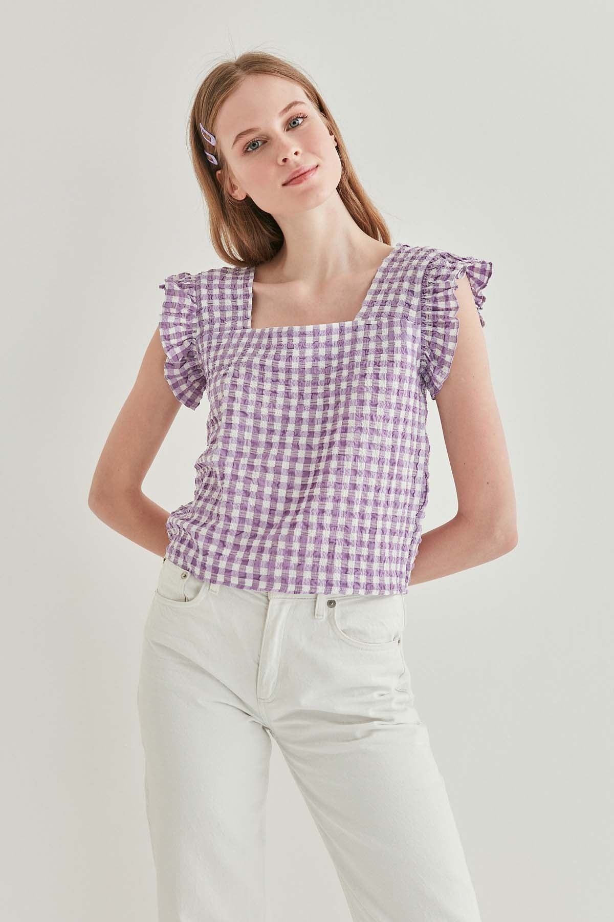 CHECKERED SQUARE COLLAR CROP BLOUSE