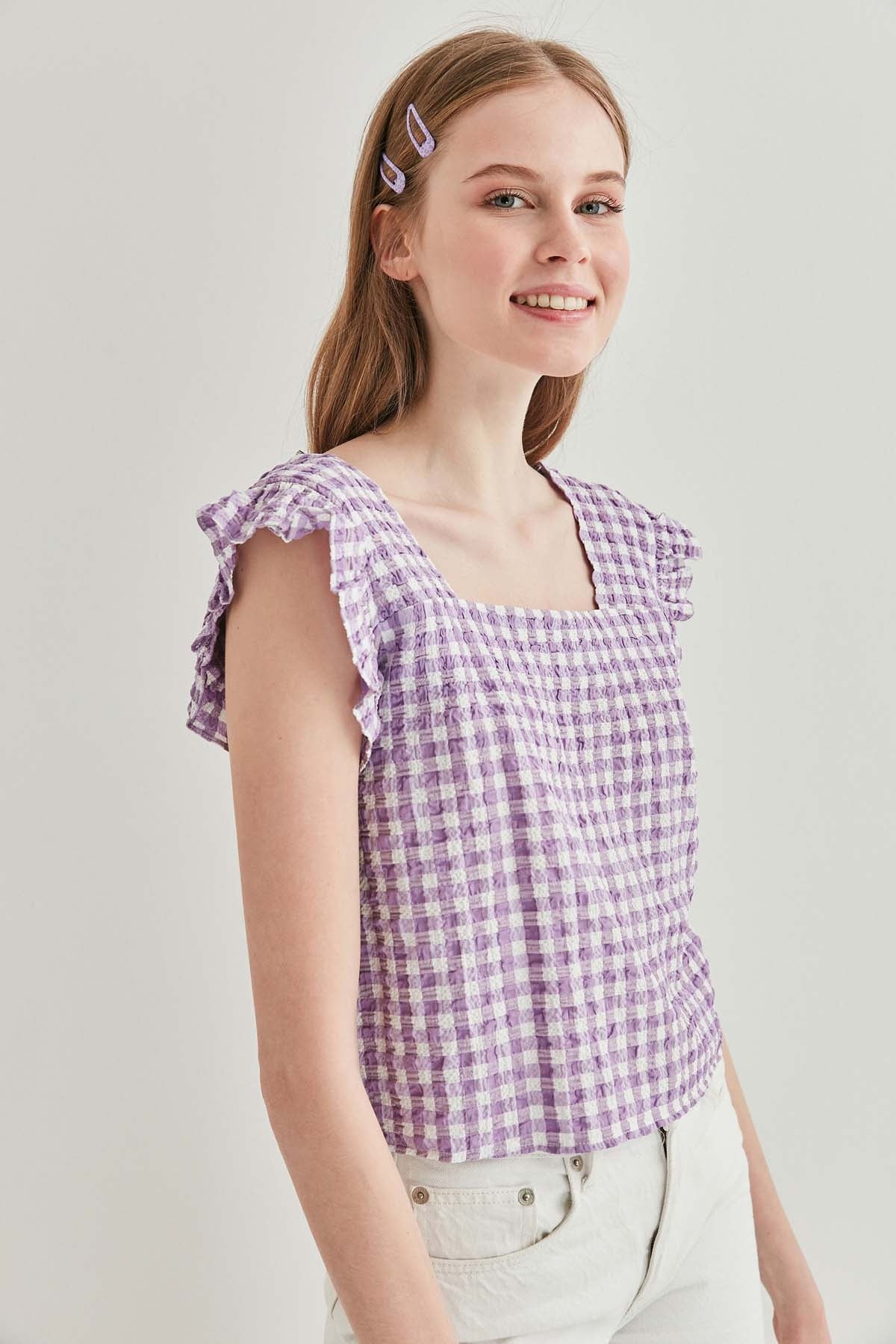 CHECKERED SQUARE COLLAR CROP BLOUSE
