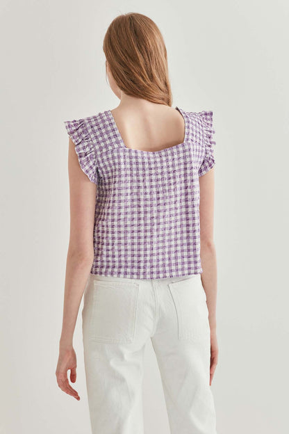CHECKERED SQUARE COLLAR CROP BLOUSE