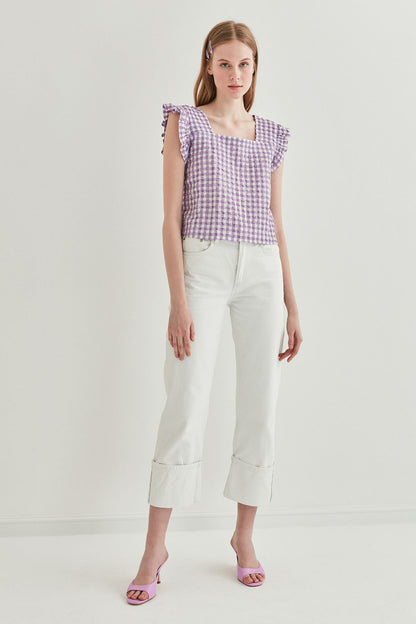CHECKERED SQUARE COLLAR CROP BLOUSE