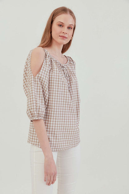 CHECKERED SLIT SHOULDER BLOUSE