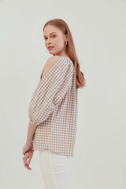 CHECKERED SLIT SHOULDER BLOUSE